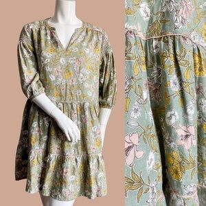 Cynthia Rowley Linen Babydoll Dress Puff Sleeves Floral Boho Green Pink Resort M